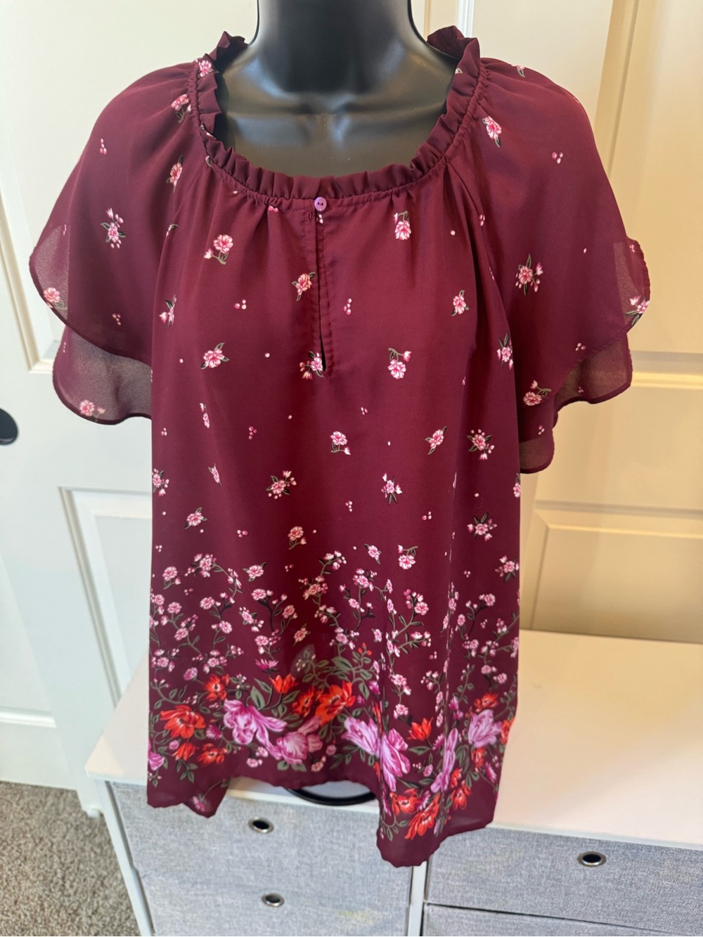 Old Navy Burgundy Floral Ruffle-Neck Blouse